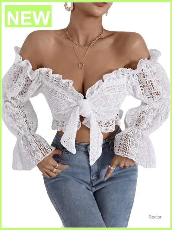 Tops - Deep V Neck Ruffle Trim Bell Sleeve Tie Front Lace Crop Top